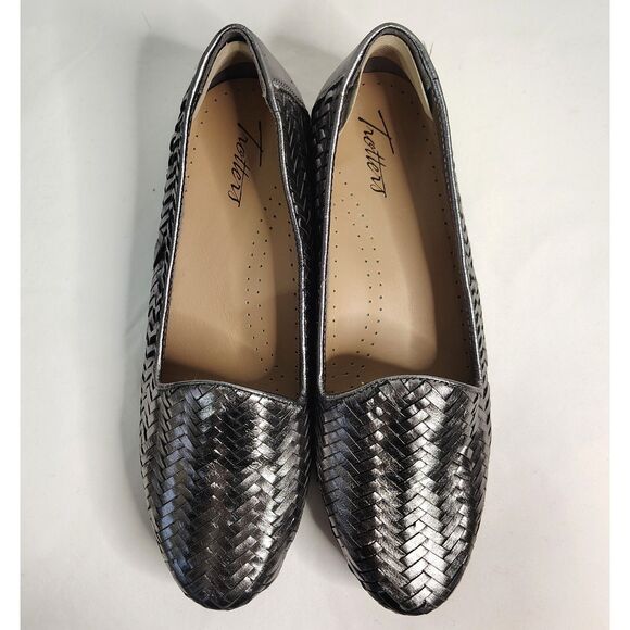 TROTTERS Leather Pewter Liz III Flats Sz 8.5 Women's Silver Woven Slip On Shoes - Picture 2 of 8